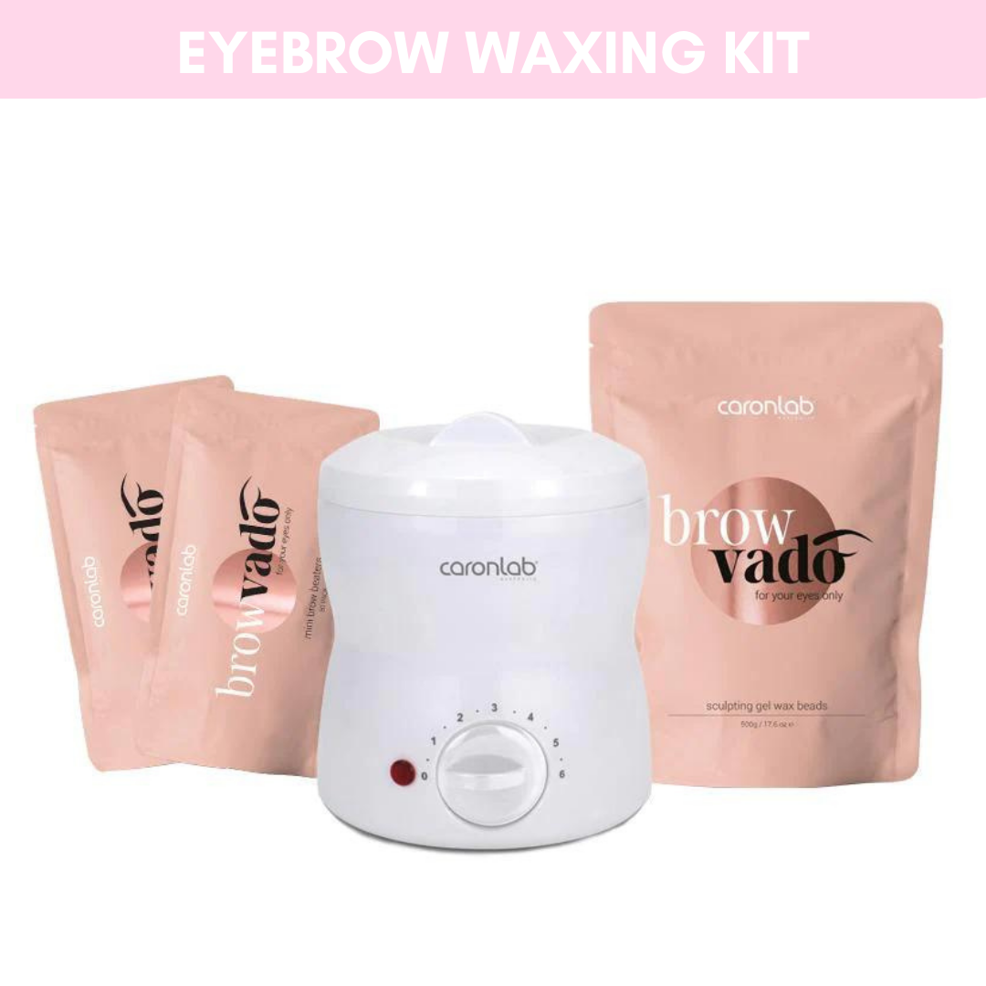 Eyebrow waxing kit featuring a wax warmer and gel wax beads for effective beauty treatments.