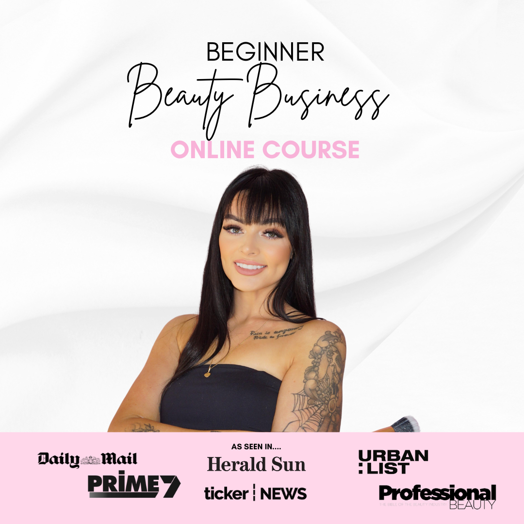 Beginner Beauty Business Course Online Course promotional image showcasing Kimmie with beauty industry logos.