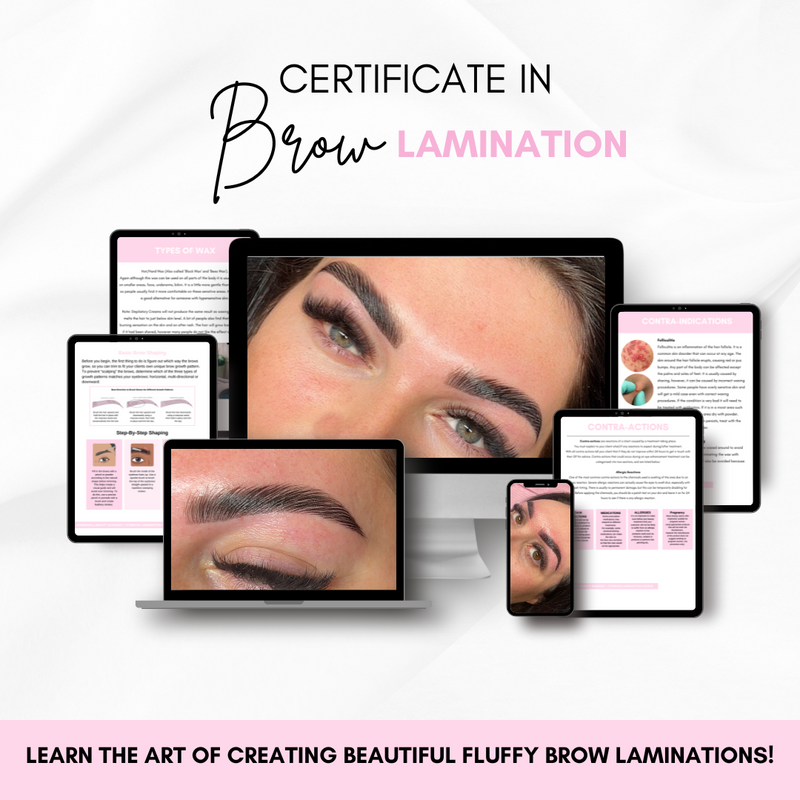 Certificate in Brow Mastery online course bundle showcasing brow lamination techniques.