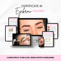 Certificate in Brow Mastery online course bundle displayed on multiple devices with eyebrow waxing content.