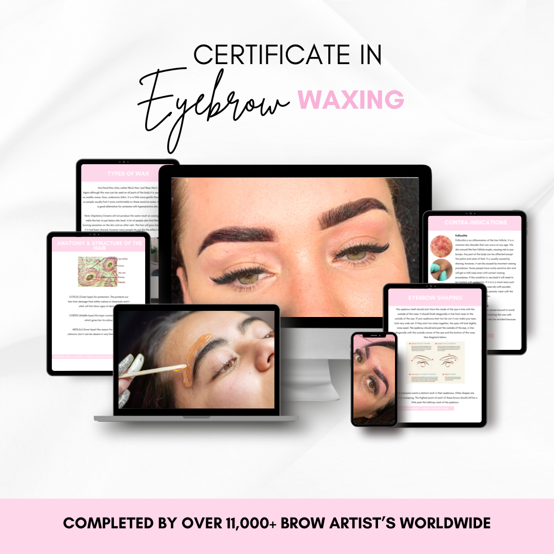 Certificate in Brow Mastery online course bundle displayed on multiple devices with eyebrow waxing content.