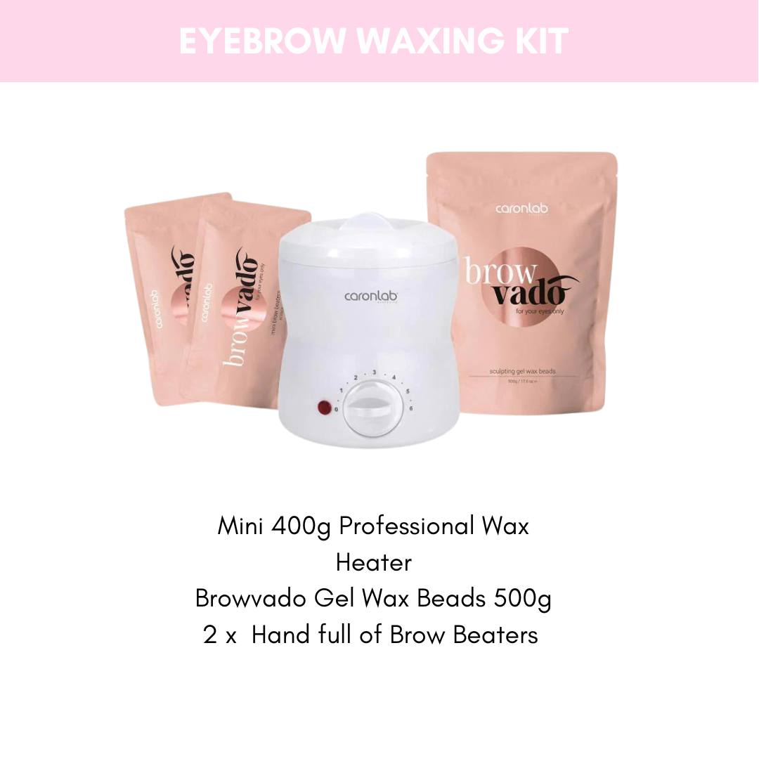 Brow Mastery Eyebrow Waxing Kit featuring a wax heater, Browvado gel wax beads, and Brow Beaters for professional use.