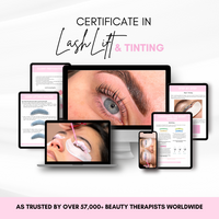 Certificate in Beauty School Basics featuring Lash Lift and Tinting on various devices.