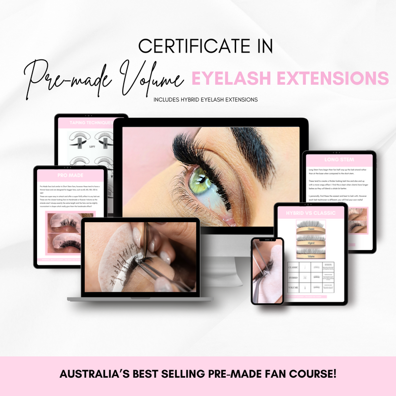 Certificate in Pre-Made Volume Eyelash Extensions with hybrid lash techniques on multiple devices showcasing the course.