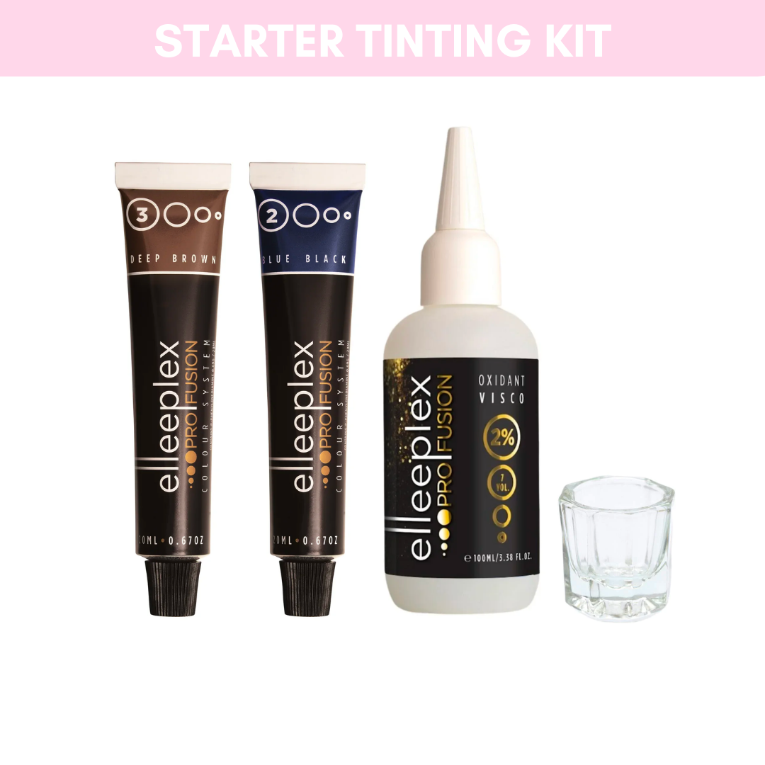 Starter Tinting Kit featuring deep brown and blue black tubes, oxidant, and a small mixing cup.