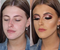 Before and after makeup transformation showing Beauty School Basics application skills.