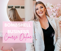 Smiling woman in elegant attire promoting Bombshell Business Course Online against a stylish pink background.