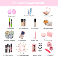 Image of an Advanced Makeup Kit featuring various tools and products including sponges, palettes, and lipsticks.