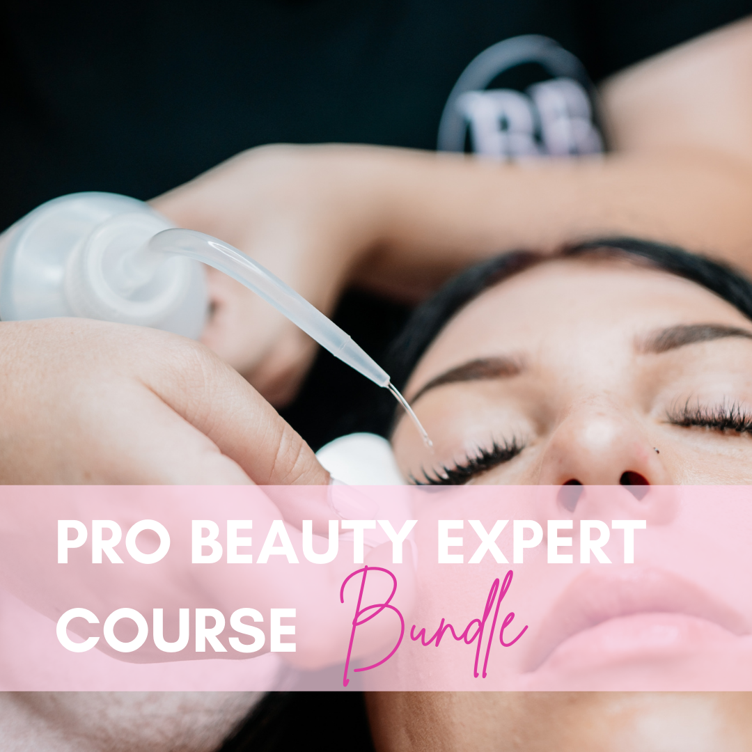 Pro Beauty Expert Course Bundle featuring a beauty treatment in progress on a client's face.