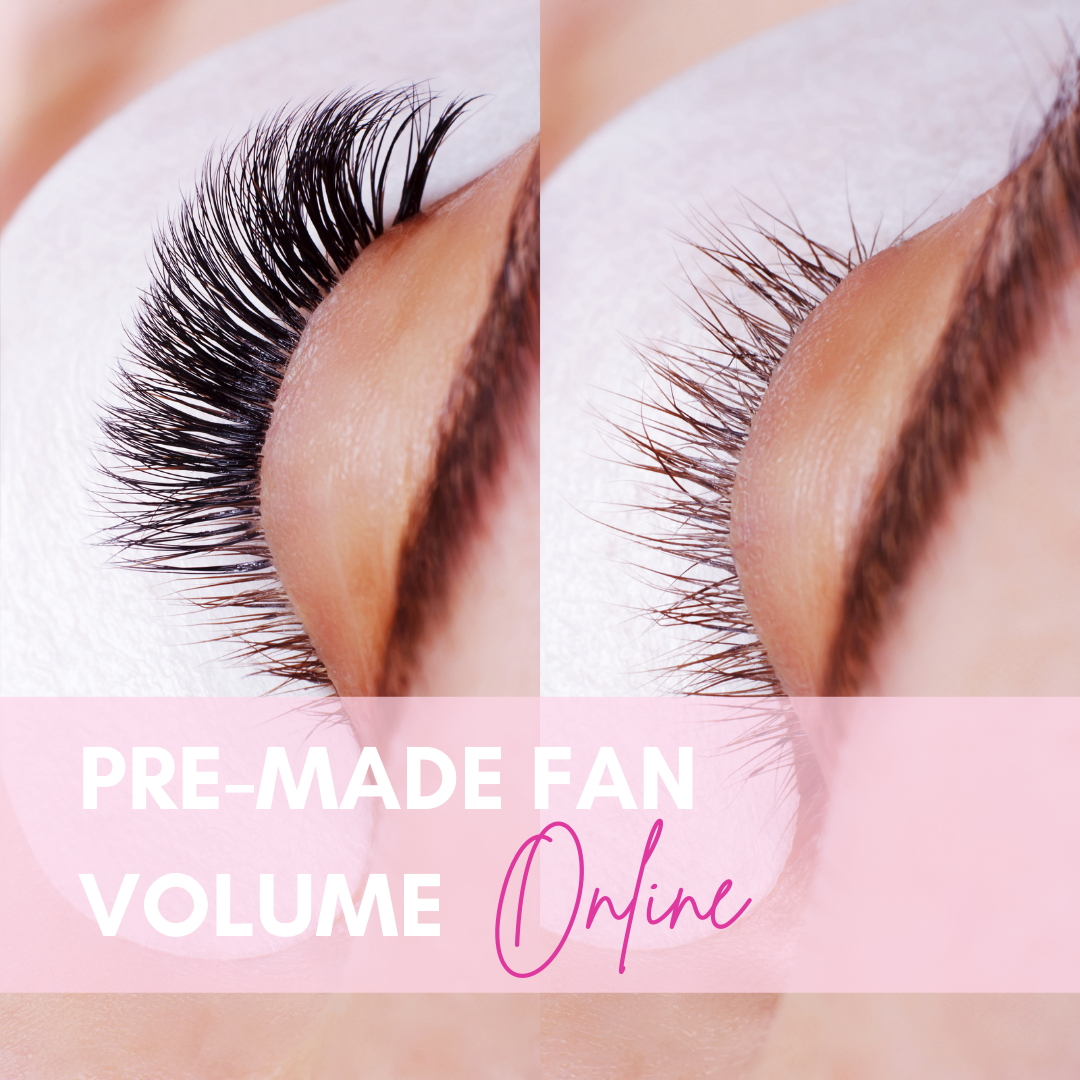Before and after of pre-made fan volume eyelash extensions showcasing results. Volume Eyelash Extension Course available online.