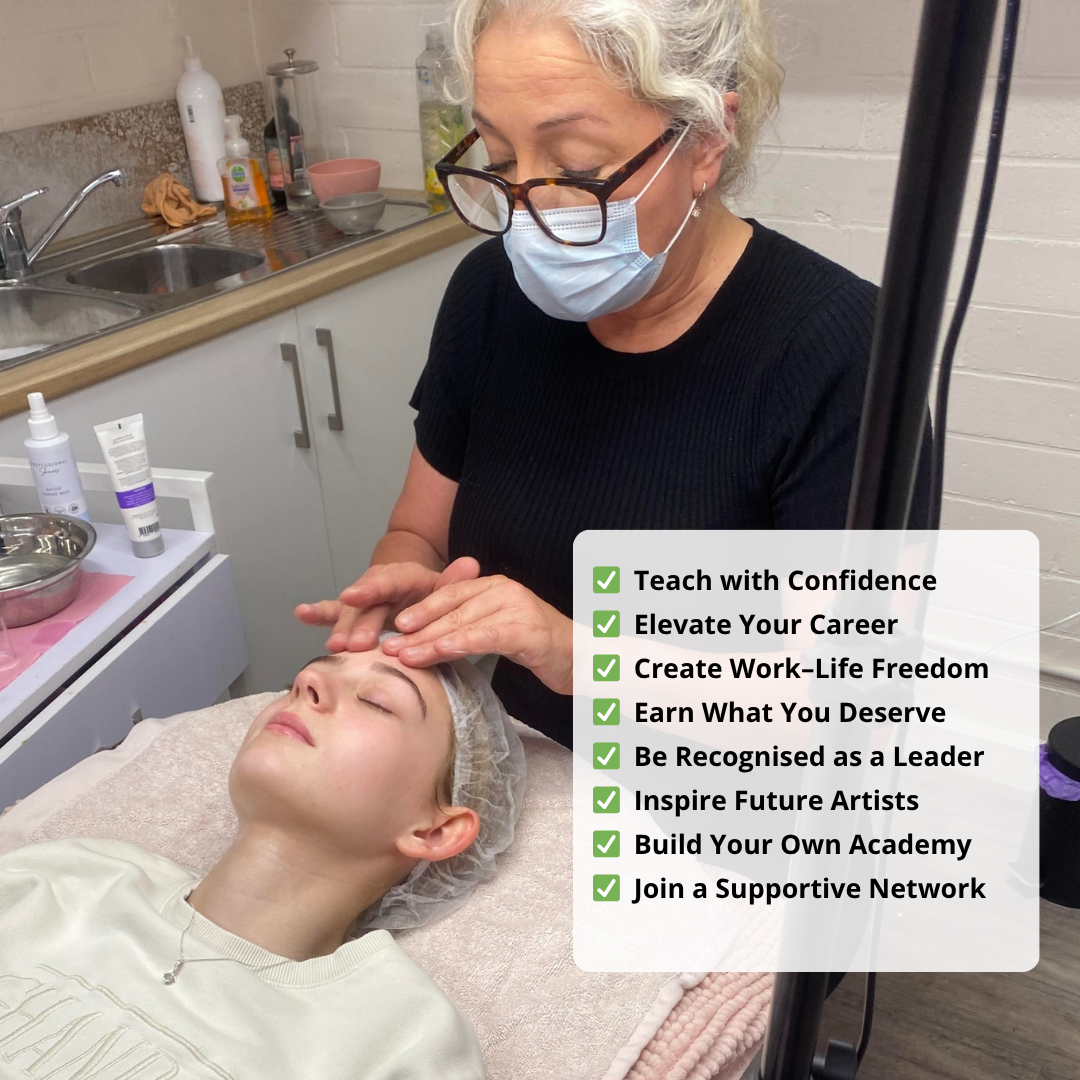 Beauty educators course image showing an instructor teaching a student with lessons on career elevation and work-life freedom.